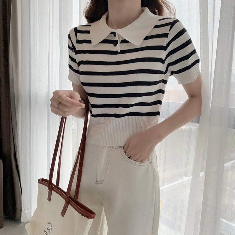 Collar Neck Button Down Stripe Knitted Top