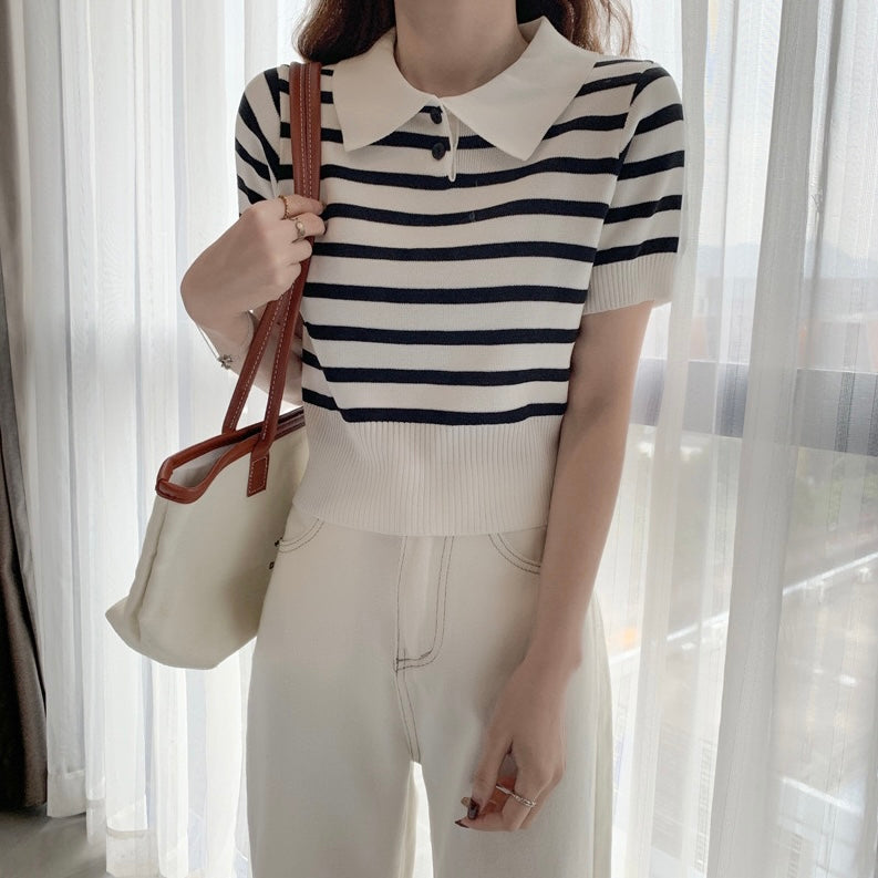 Collar Neck Button Down Stripe Knitted Top