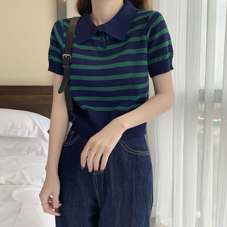 Collar Neck Button Down Stripe Knitted Top