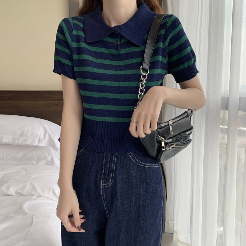 Collar Neck Button Down Stripe Knitted Top