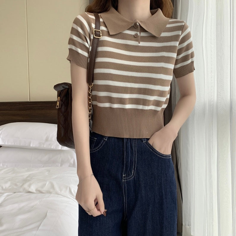 Collar Neck Button Down Stripe Knitted Top