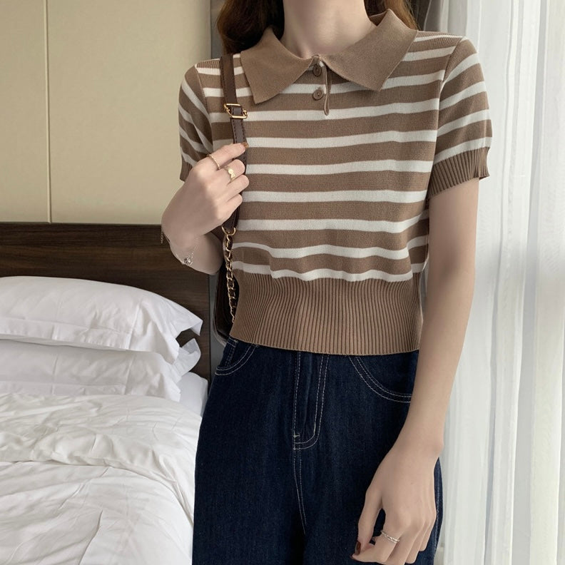 Collar Neck Button Down Stripe Knitted Top