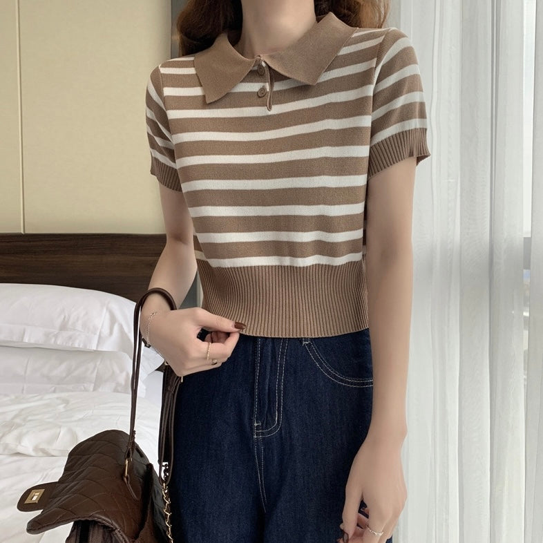 Collar Neck Button Down Stripe Knitted Top