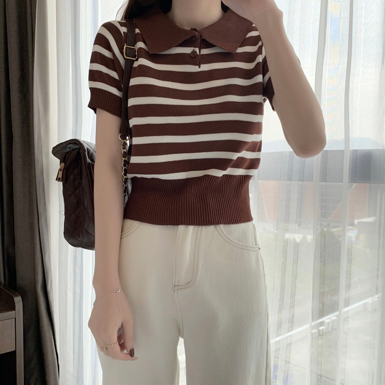 Collar Neck Button Down Stripe Knitted Top