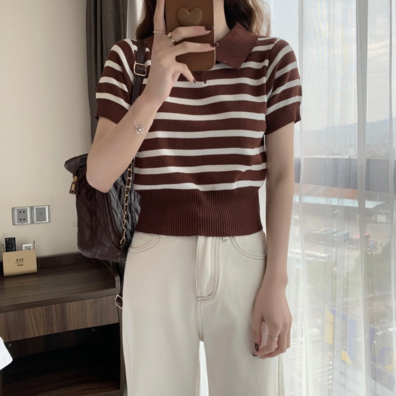 Collar Neck Button Down Stripe Knitted Top