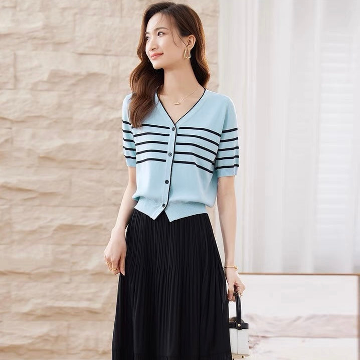 Button Down Stripe Knitted Top