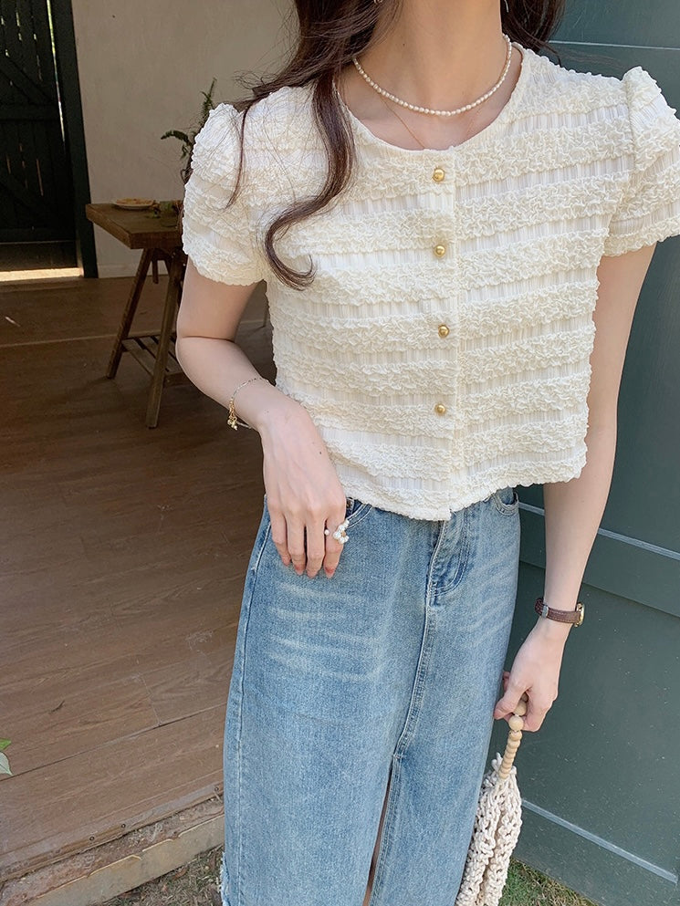 Button Down Embossed Bubble Pattern Top