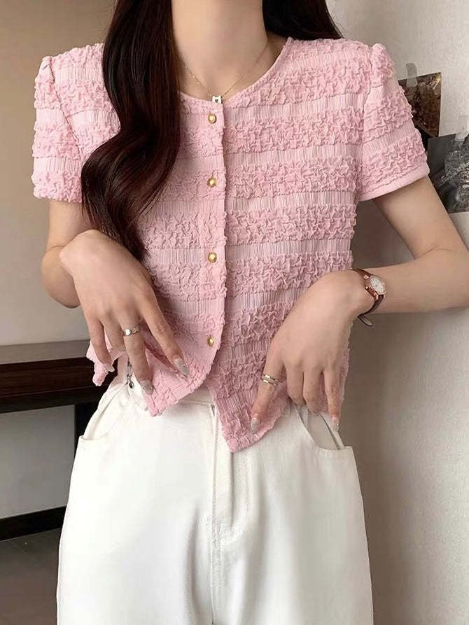 Button Down Embossed Bubble Pattern Top