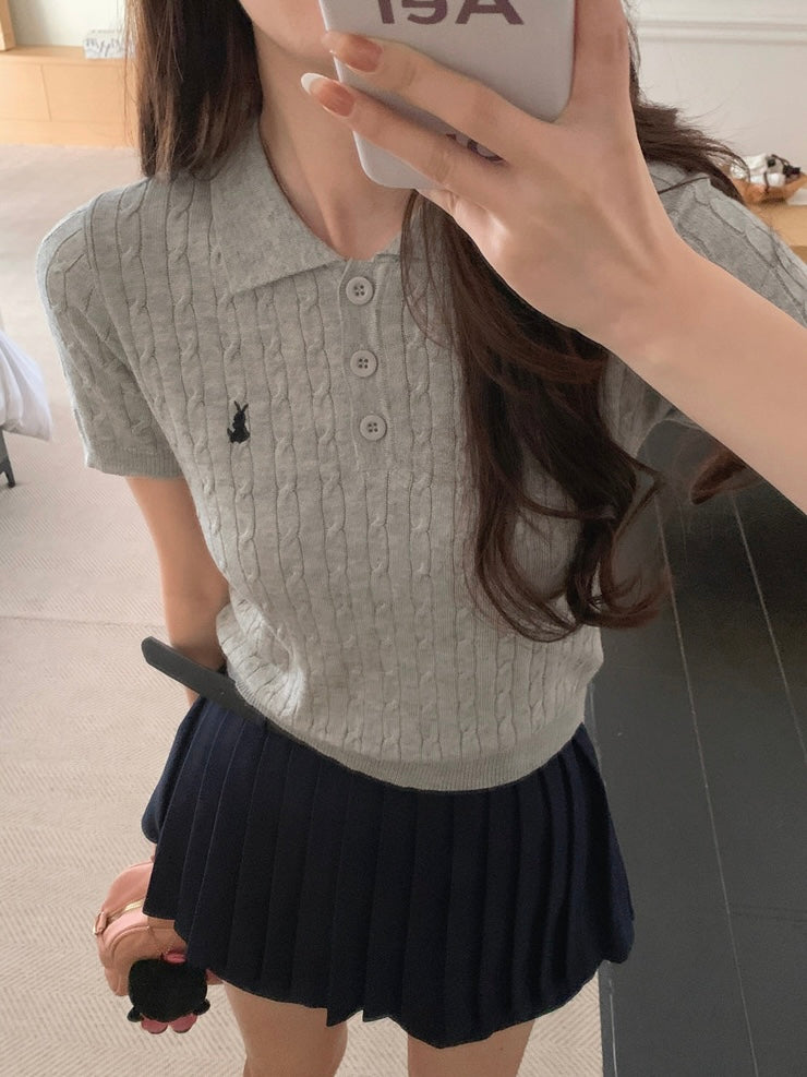 Button Down Collar Neck Braided Pattern Embroidery College Style Knitted Top