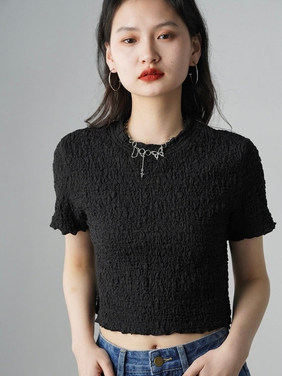 Bubble Pattern Solid Knitted Crop Top