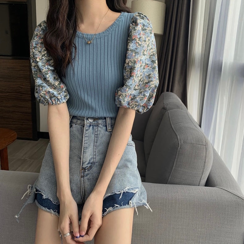 Floral Puff Sleeve Combo Knitted Top