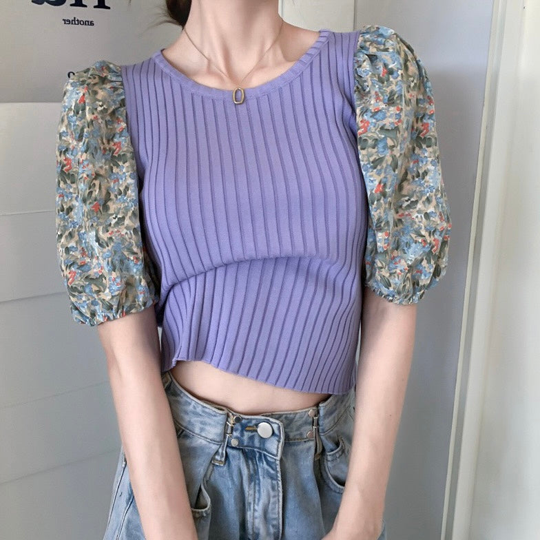 Floral Puff Sleeve Combo Knitted Top