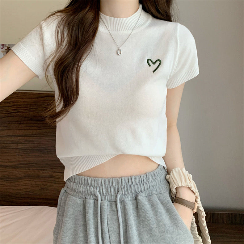 Embroidery Heart Solid Knitted Top