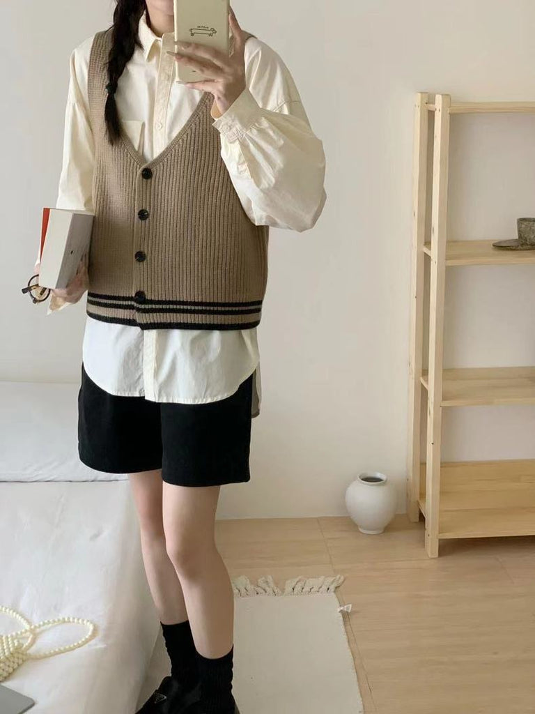 Stripe Contrast Button Down Woolen Knitted Vest Top