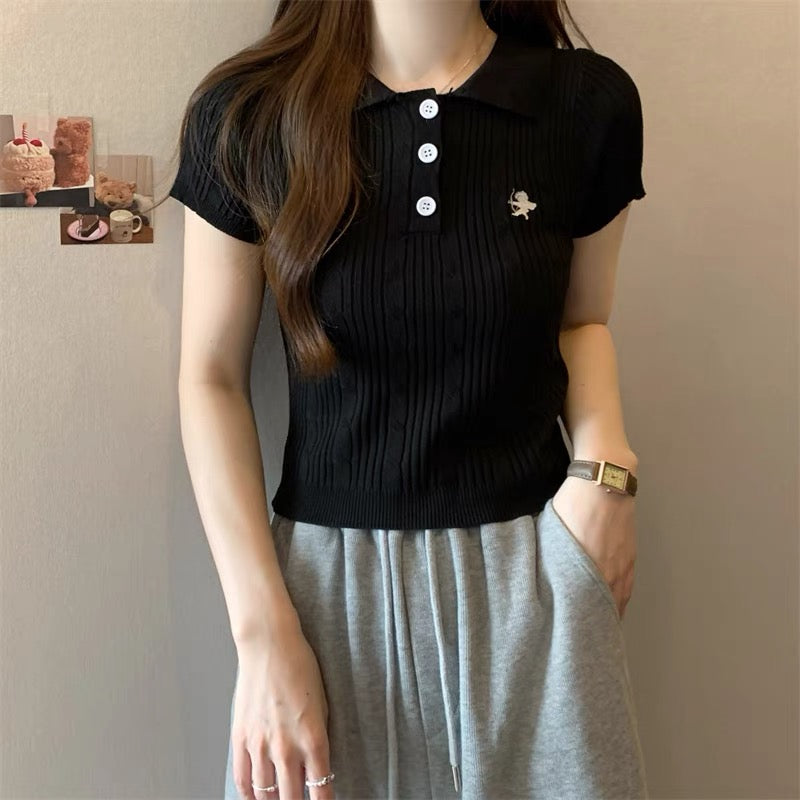 Embossed Pattern Button Down Polo Neck Knitted Top