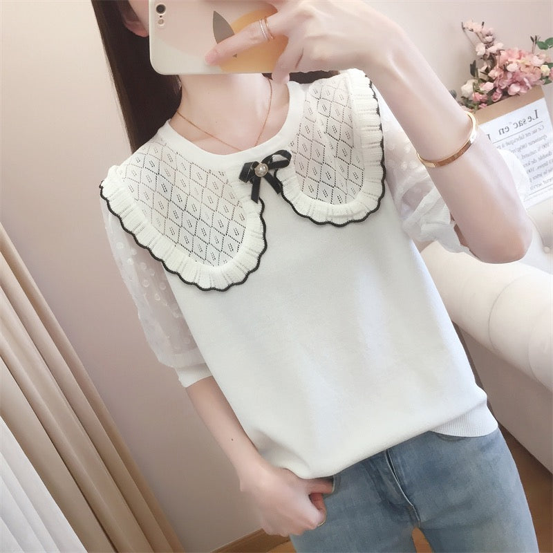 Mesh Sleeve Ribbon Pin Cape Oversize Knitted Top