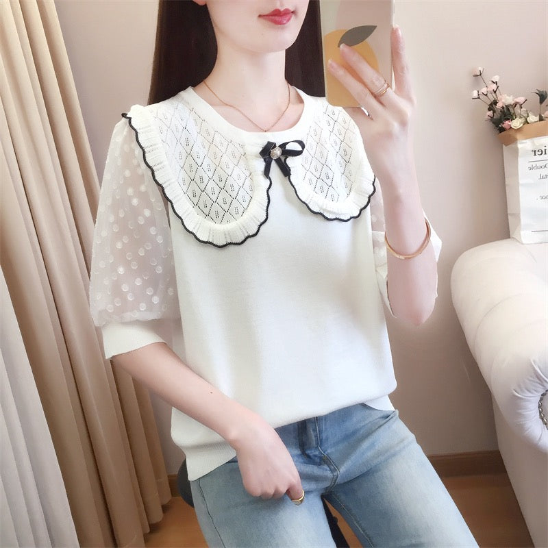 Mesh Sleeve Ribbon Pin Cape Oversize Knitted Top