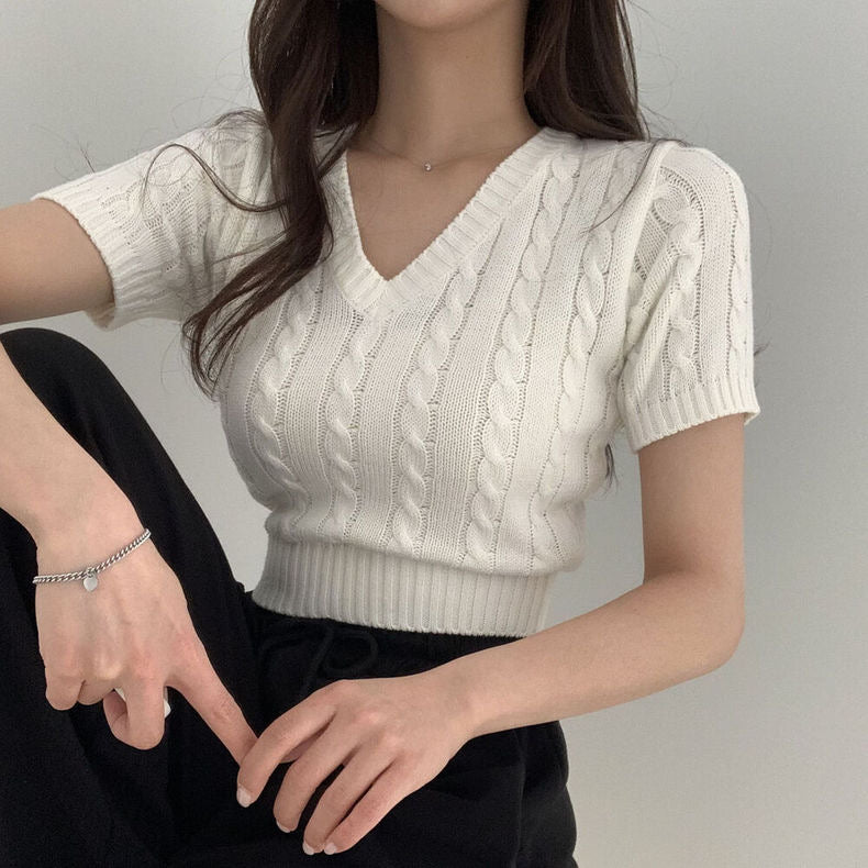Twisted Pattern V-neck Knitted Top