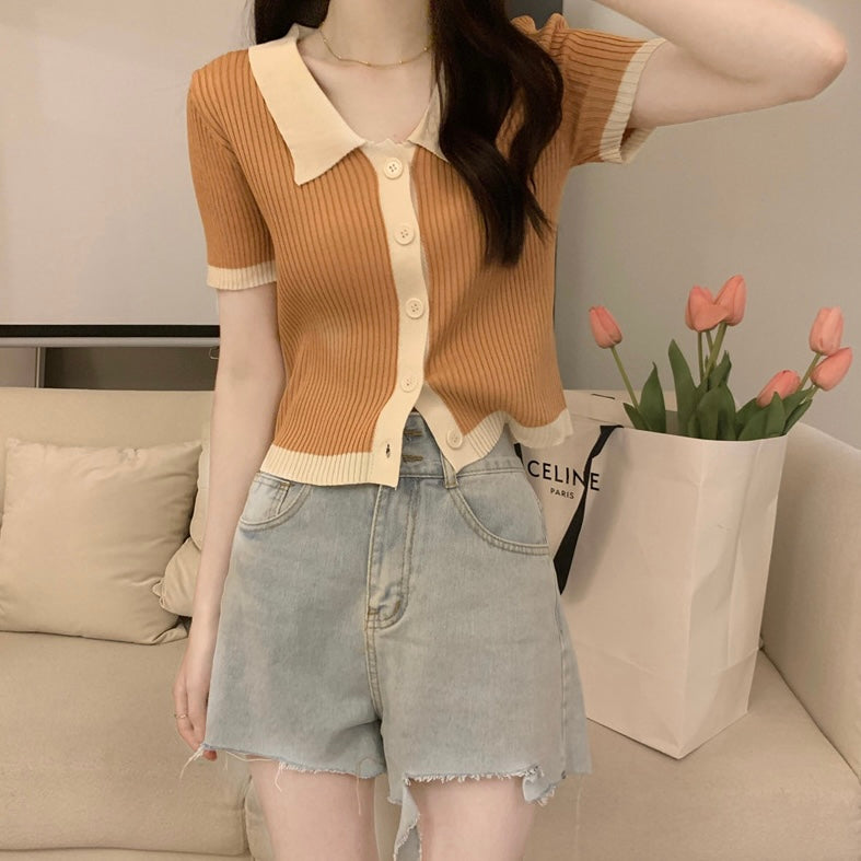 Button-up Polo Neck Two Tone Knitted Top
