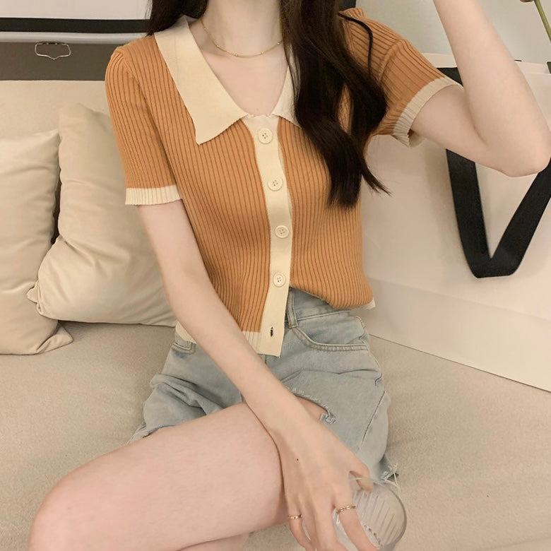 Button-up Polo Neck Two Tone Knitted Top