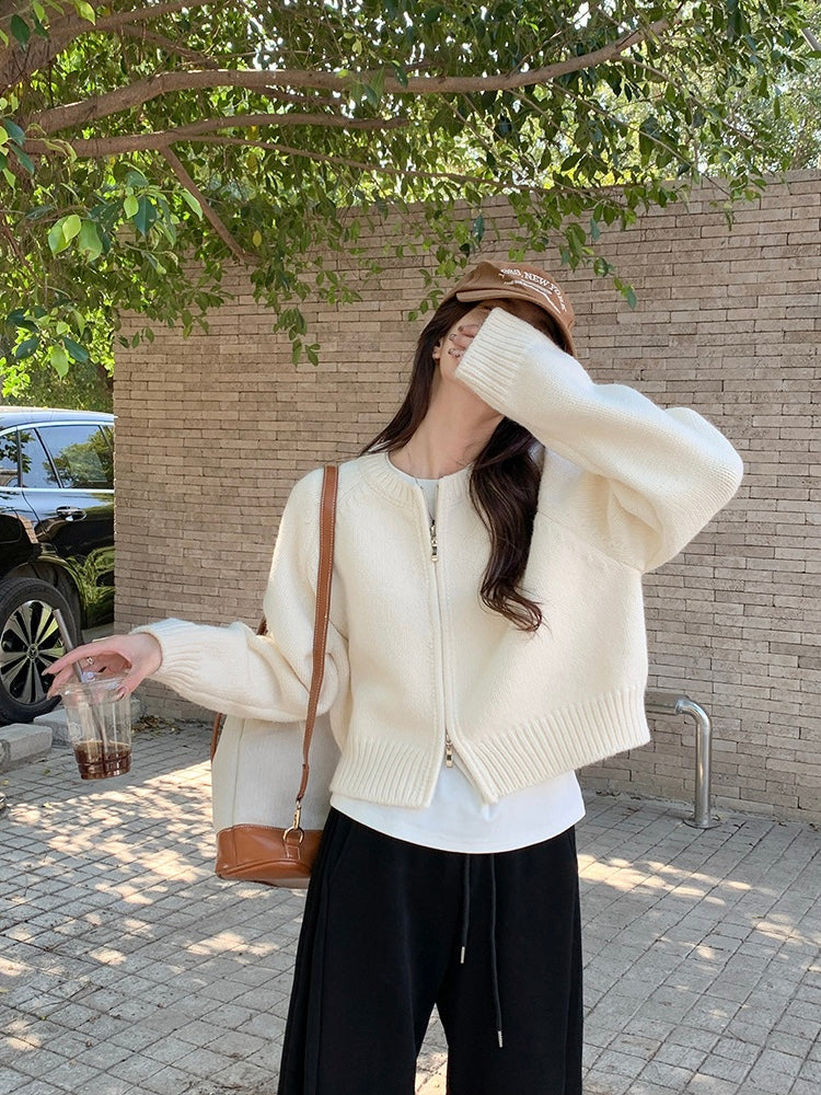 Zipper-up Woolen Knitted Solid Color Long Sleeve Cardigan Top