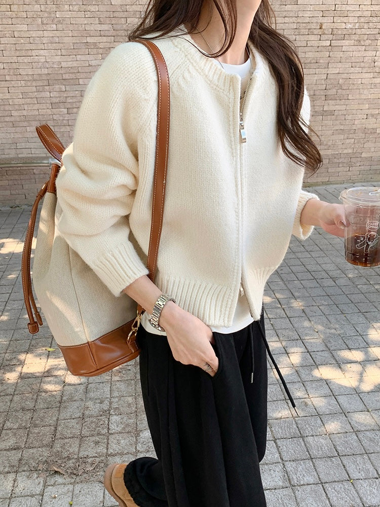 Zipper-up Woolen Knitted Solid Color Long Sleeve Cardigan Top