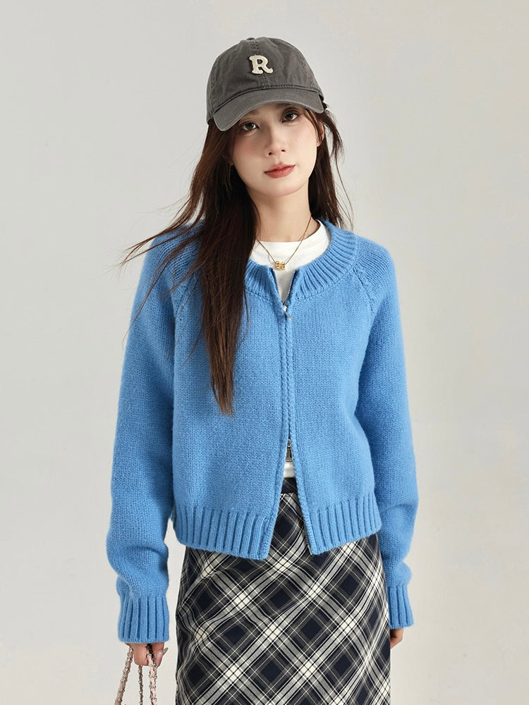 Zipper-up Woolen Knitted Solid Color Long Sleeve Cardigan Top