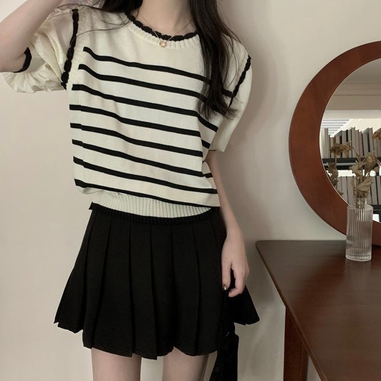 Knitted Stripe Combo Sleeve Loose Top