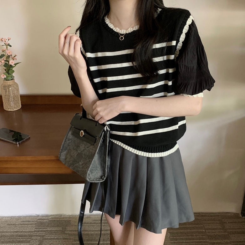Knitted Stripe Combo Sleeve Loose Top