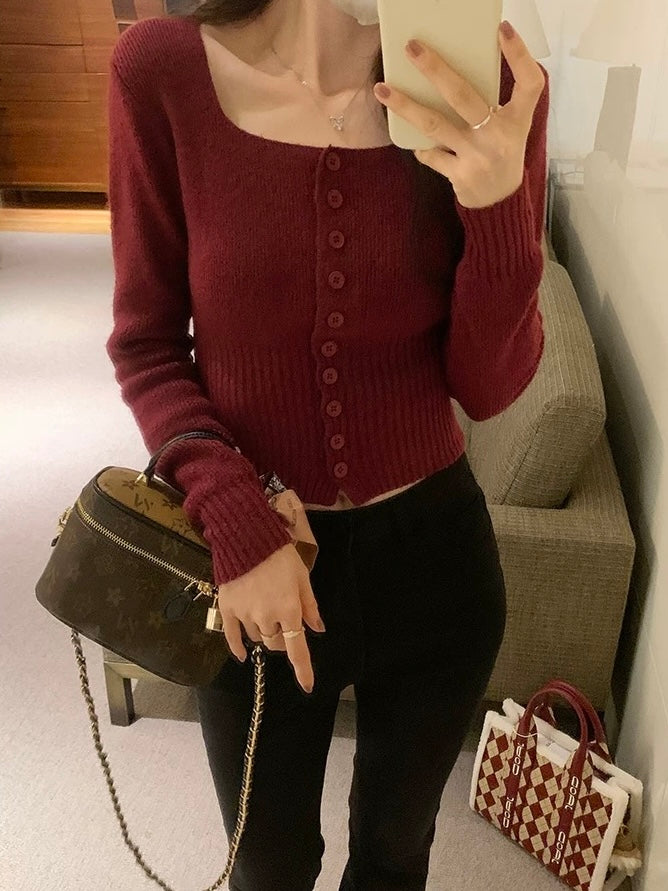 Square Neck Button Down Long Sleeve Soft Knitted Cardigan Top