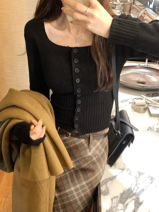 Square Neck Button Down Long Sleeve Soft Knitted Cardigan Top