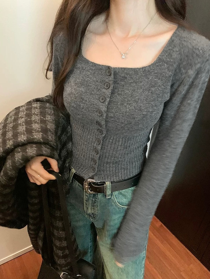 Square Neck Button Down Long Sleeve Soft Knitted Cardigan Top