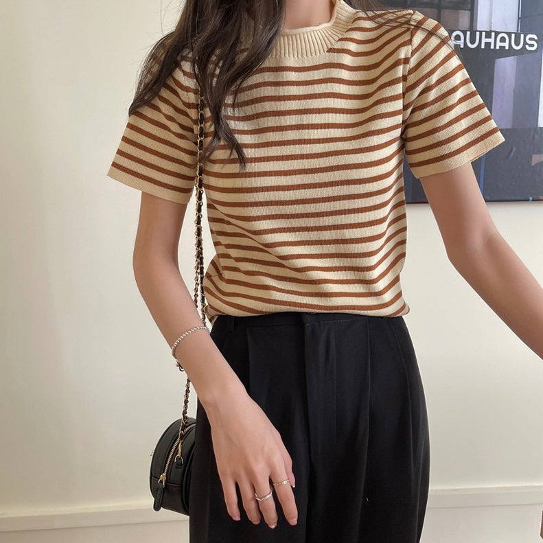 Semi Turtle Neck Stripe Knitted Top