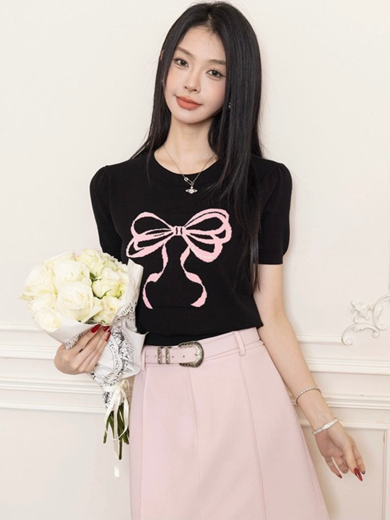 Ribbon Print Sweet Knitted Top