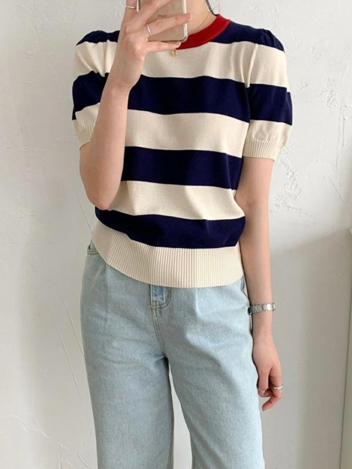 Big Stripe Pattern Color Trim Knitted Top