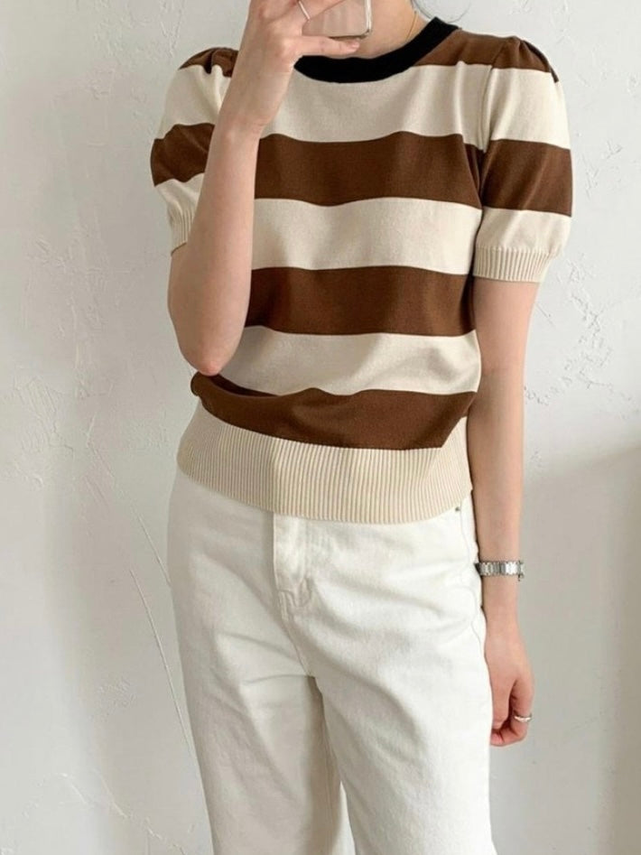 Big Stripe Pattern Color Trim Knitted Top