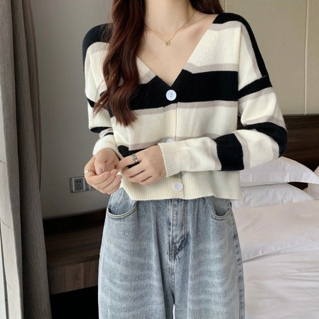 Long Sleeve Button Down Stripe V-neck Knitted Cardigan Top