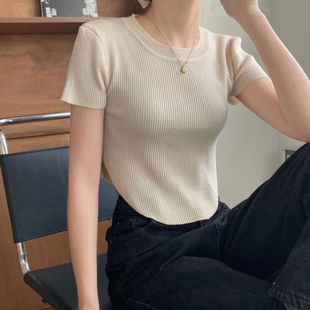 Oval Hem Solid Knitted Top