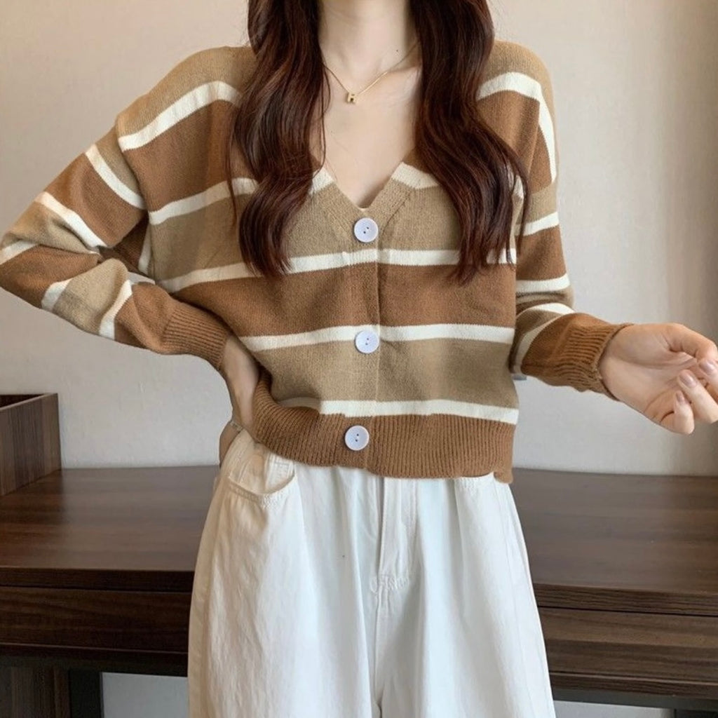 Long Sleeve Button Down Stripe V-neck Knitted Cardigan Top