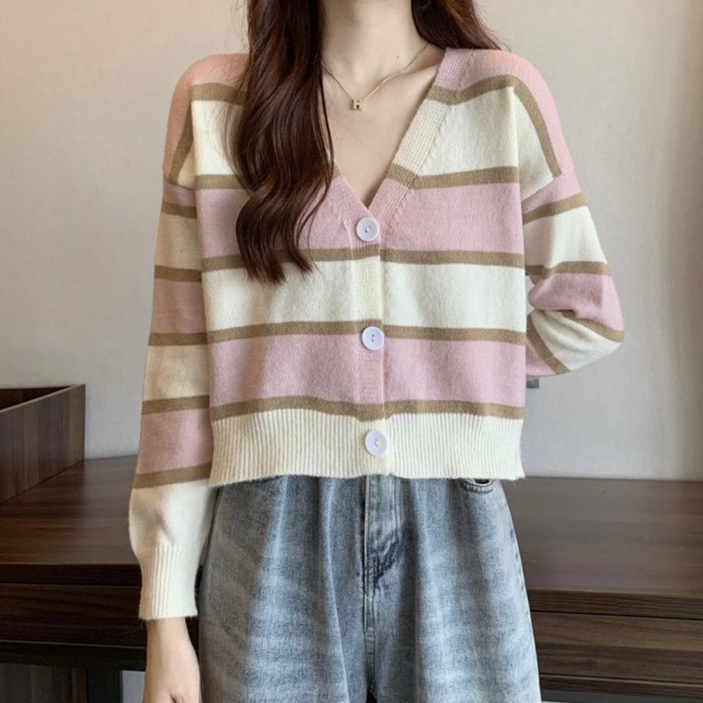 Long Sleeve Button Down Stripe V-neck Knitted Cardigan Top