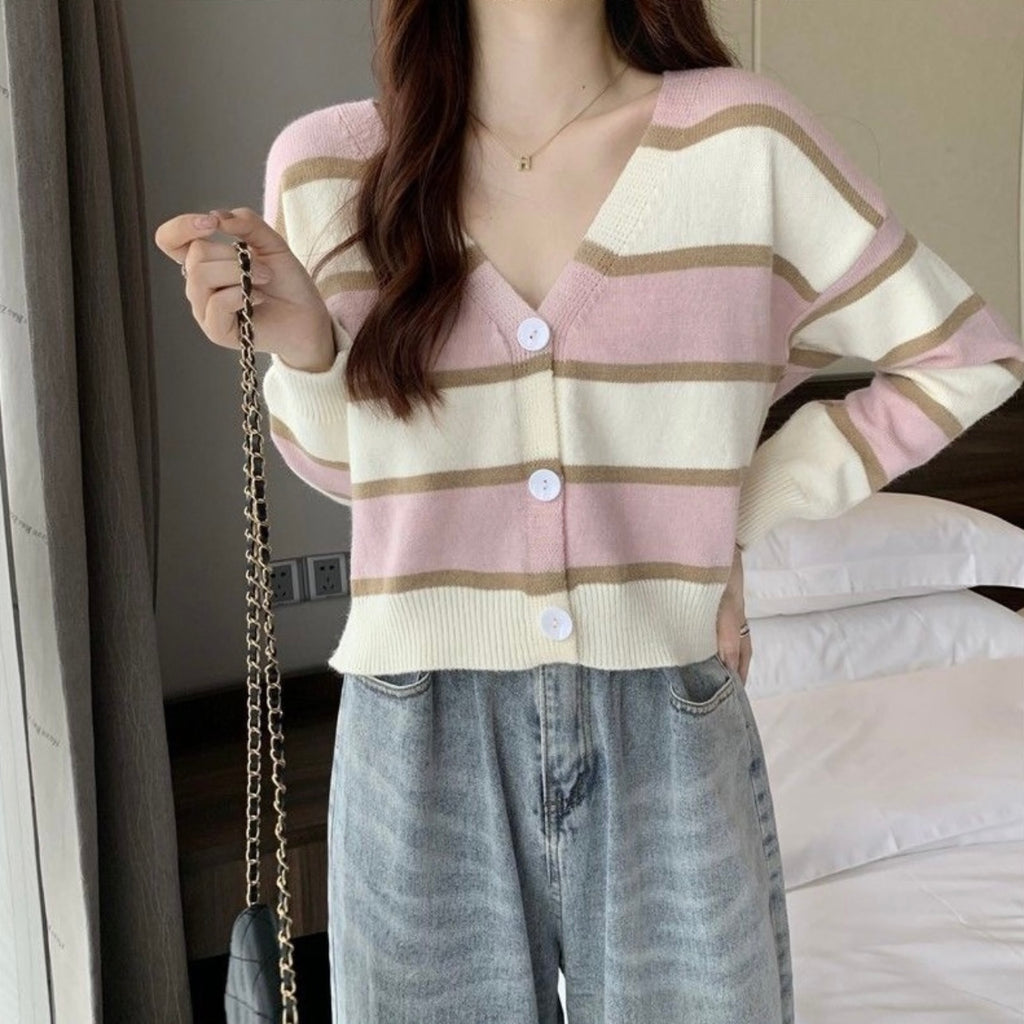 Long Sleeve Button Down Stripe V-neck Knitted Cardigan Top