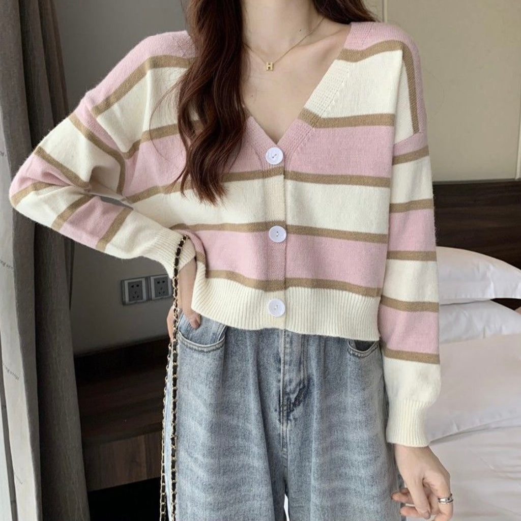 Long Sleeve Button Down Stripe V-neck Knitted Cardigan Top