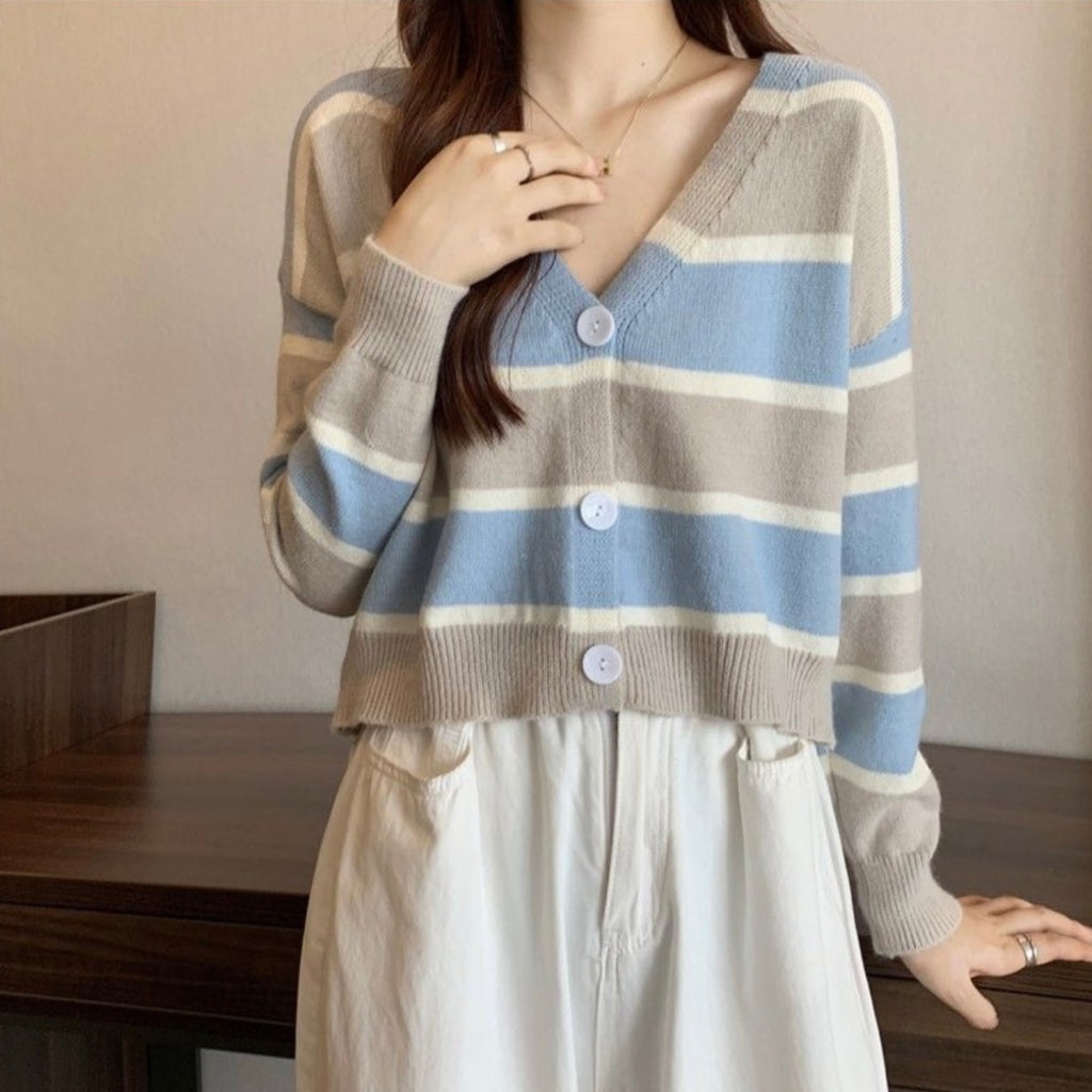 Long Sleeve Button Down Stripe V-neck Knitted Cardigan Top