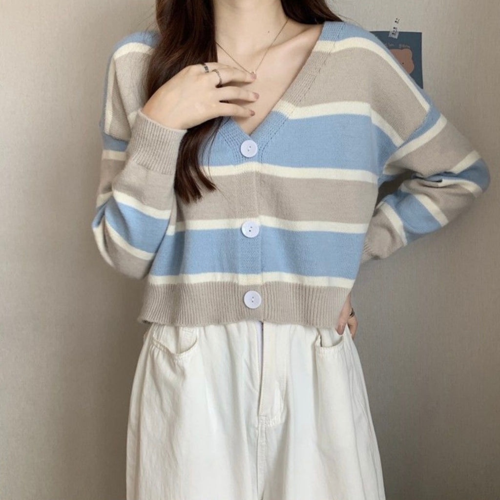 Long Sleeve Button Down Stripe V-neck Knitted Cardigan Top