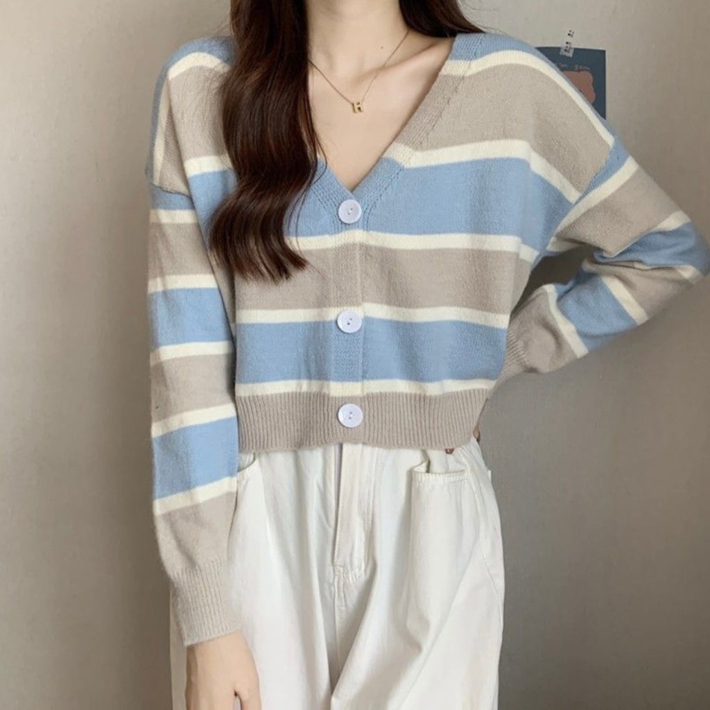 Long Sleeve Button Down Stripe V-neck Knitted Cardigan Top