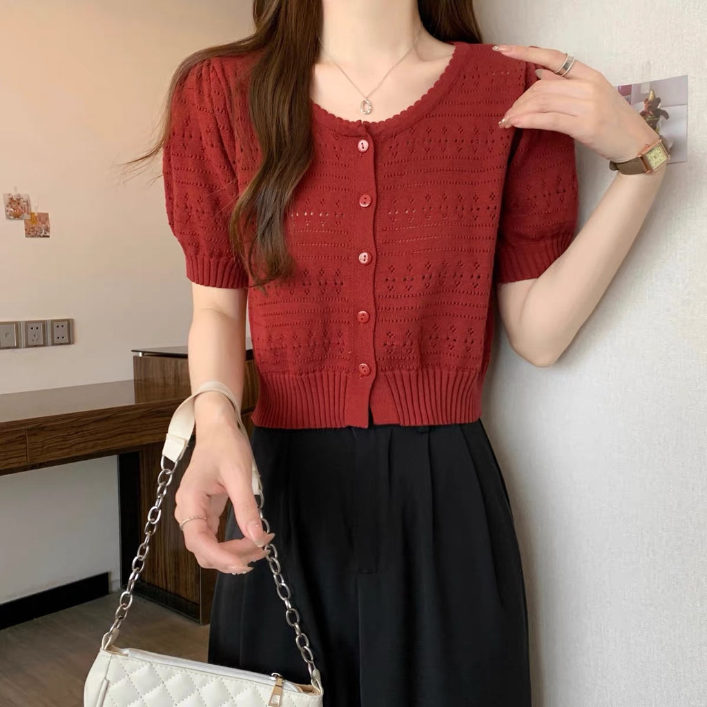 Button-up Eyelet Knitted Crop Top
