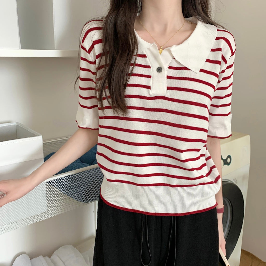 One Button Collar Neck All-match Basic Stripe Knitted Top