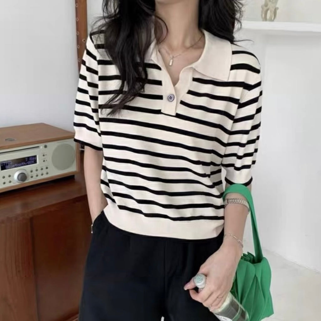 One Button Collar Neck All-match Basic Stripe Knitted Top