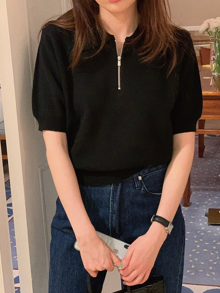 Zipper Collar Neck Solid Oversize Knitted Top