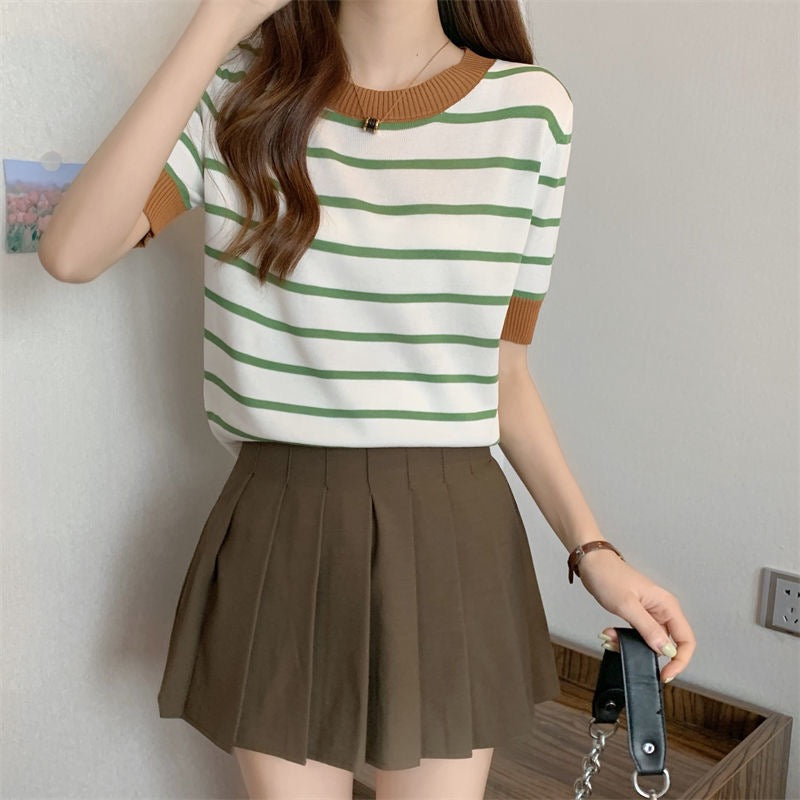 Color Contrast All-match Stripe Basic Knitted Top